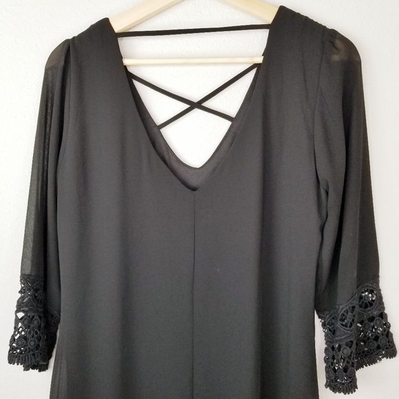 Want and Need Crochet Sleeve Shift Dress Black - Picture 5 of 14